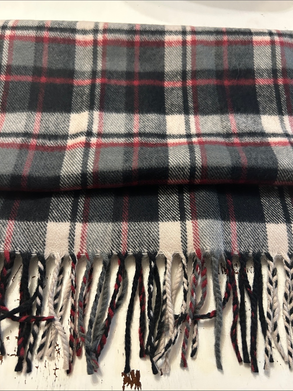 Unisex plaid fringed scarf black, red, white